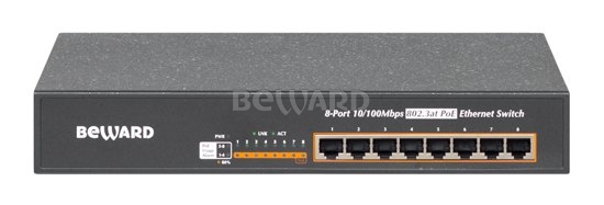 Коммутатор ST-8HP Beward имеет 8 портов 10/100Мбит/с Fast Ethernet с поддержкой High PoE (30 Вт).
